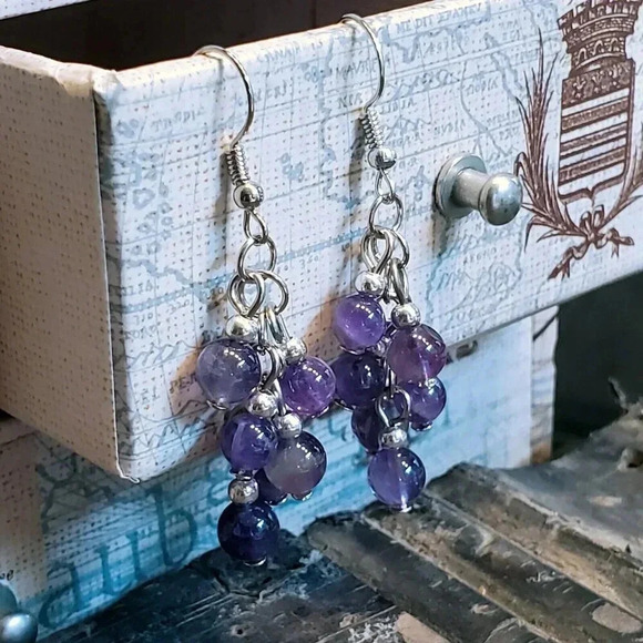 Handcrafted Amethyst Purple Gemstone Bead Dangle Silver Platinum Plated Earrings - Picture 3 of 10